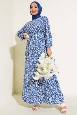 Mini Çiçekli Bel lastikli Bürümcük Elbise İndigo - Tesettür Elbise