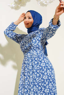Mini Çiçekli Bel lastikli Bürümcük Elbise İndigo - Tesettür Elbise