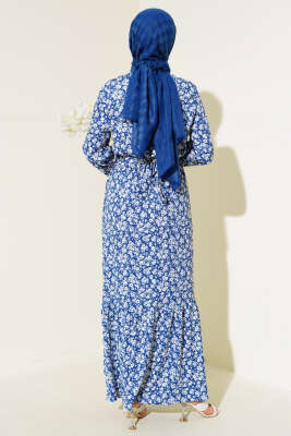 Mini Çiçekli Bel lastikli Bürümcük Elbise İndigo - Tesettür Elbise