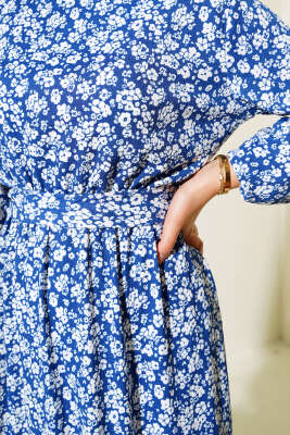 Mini Çiçekli Bel lastikli Bürümcük Elbise İndigo - Tesettür Elbise