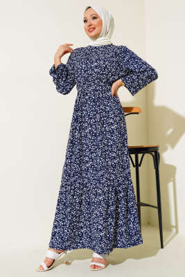 Mini Çiçekli Bel lastikli Bürümcük Elbise Lacivert 