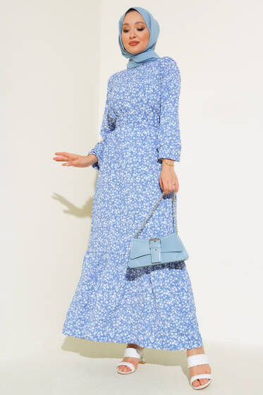 Mini Çiçekli Bel lastikli Bürümcük Elbise Mavi - Elbise