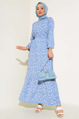 Mini Çiçekli Bel lastikli Bürümcük Elbise Mavi 