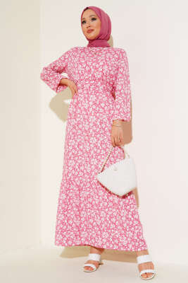 Mini Çiçekli Bel lastikli Bürümcük Elbise Pudra 