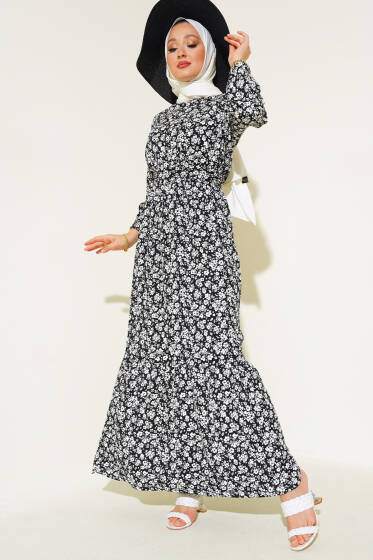 Mini Çiçekli Bel lastikli Bürümcük Elbise Siyah - Elbise