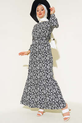 Mini Çiçekli Bel lastikli Bürümcük Elbise Siyah 