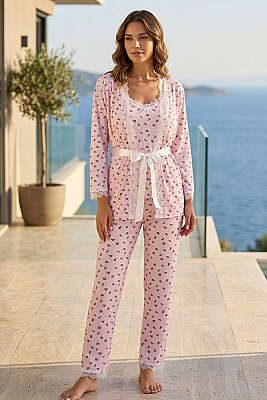 Mini Çiçekli Dantelli Sabahlıklı 3'lü Pijama Takımı Pembe - IŞILAY
