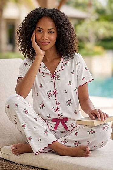 Mini Çiçekli Fiyonklu Kısa Kol Pijama Takım Beyaz - Pijama