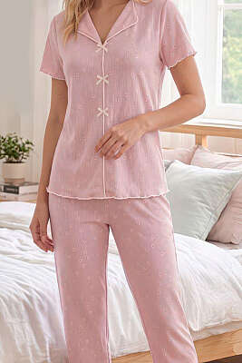 Mini Çiçekli Fiyonklu Pijama Takımı Pembe - Pijama