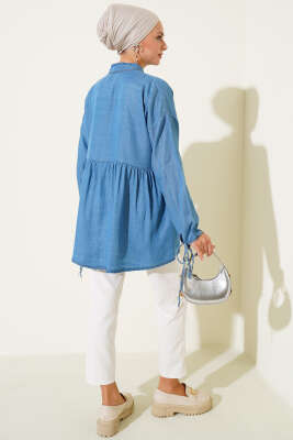 Mini Çiçekli Göğüs Cepli Kot Gömlek Açık Mavi - Gömlek