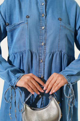 Mini Çiçekli Göğüs Cepli Kot Gömlek Açık Mavi - Gömlek