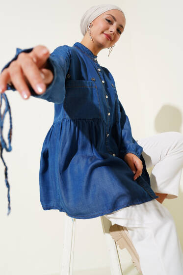 Mini Çiçekli Göğüs Cepli Kot Gömlek Koyu Mavi - Gömlek