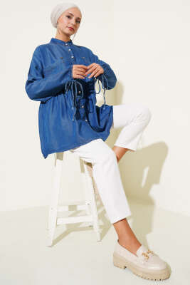 Mini Çiçekli Göğüs Cepli Kot Gömlek Koyu Mavi - Gömlek