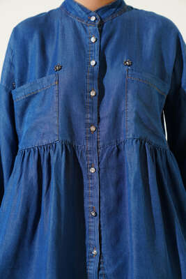 Mini Çiçekli Göğüs Cepli Kot Gömlek Koyu Mavi - Gömlek