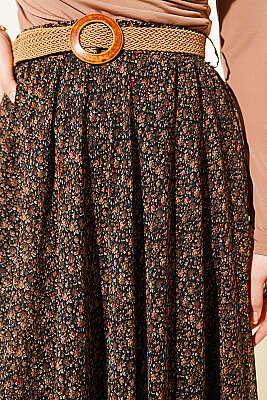 Mini Çiçekli Hasır Kemerli Şifon Etek Kahve - Etek