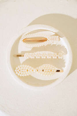 Mini Çiçekli İncili Toka Set Gold - Toka