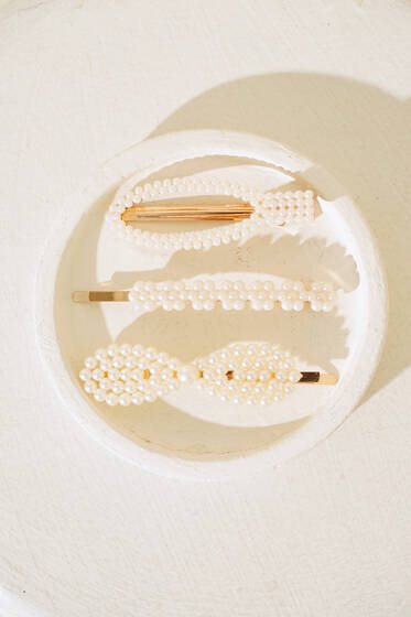 Mini Çiçekli İncili Toka Set Gold - Toka