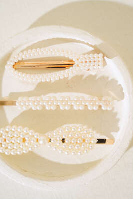 Mini Çiçekli İncili Toka Set Gold - Toka