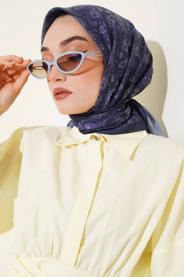 Mini Çiçekli Soft Eşarp Lacivert - Başörtüsü