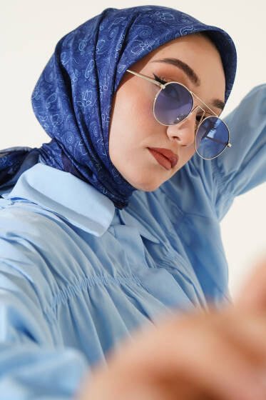 Mini Çiçekli Soft Eşarp Mavi - Başörtüsü