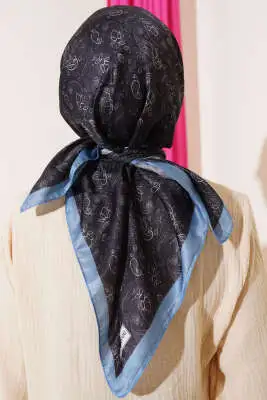 Mini Çiçekli Soft Eşarp Siyah Mavi - Başörtüsü