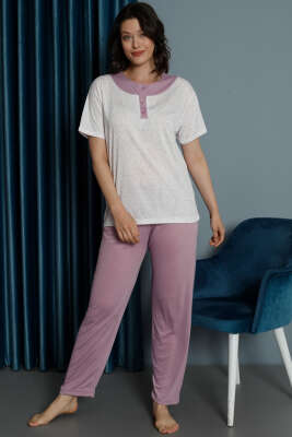 Mini Çiçekli Viskon Pijama Takımı Gül Kurusu - Kadın Pijama Takımı