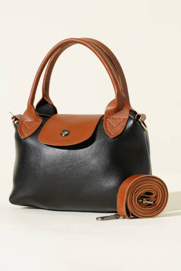 Mini Classic Çıtçıtlı Kadın El Çantası Siyah Taba - Kol Çantası