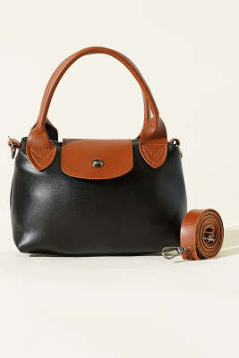 Mini Classic Çıtçıtlı Kadın El Çantası Siyah Taba - Kol Çantası