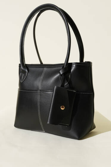 Mini Cüzdan Detaylı Uzun Kulplu Çanta Siyah - Kol Çantası