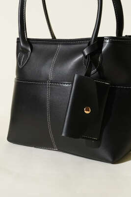 Mini Cüzdan Detaylı Uzun Kulplu Çanta Siyah - Kol Çantası