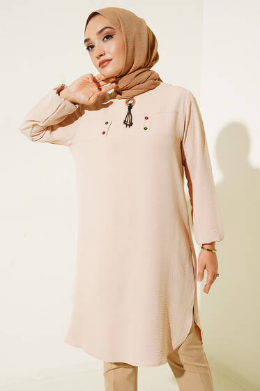 Mini Düğme Detaylı Tunik Bej - Tunik