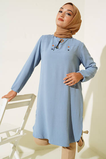 Mini Düğme Detaylı Tunik Buz Mavisi - Tunik