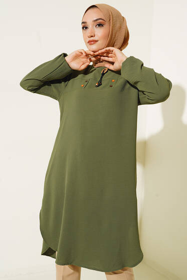 Mini Düğme Detaylı Tunik Haki - Tunik