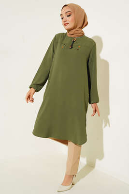Mini Düğme Detaylı Tunik Haki - Tunik
