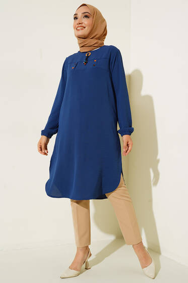 Mini Düğme Detaylı Tunik İndigo - Tunik