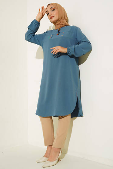 Mini Düğme Detaylı Tunik Mavi - Tunik