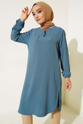 Mini Düğme Detaylı Tunik Mavi - Tunik