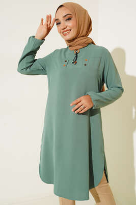 Mini Düğme Detaylı Tunik Mint Yeşil 