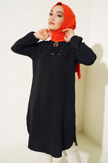 Mini Düğme Detaylı Tunik Siyah - Tunik