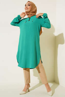 Mini Düğme Detaylı Tunik Yeşil - Tunik