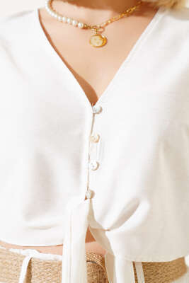 Mini Düğmeli Bağlamalı Kısa Kol Gömlek Bej - Kadın Giyim Modelleri