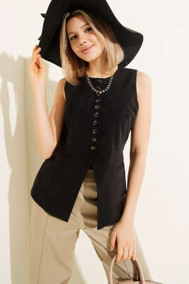 Mini Düğmeli Tensel Yelek Siyah - Kadın Giyim Modelleri