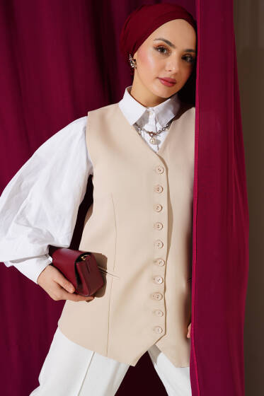 Mini Düğmeli Uzun Yelek Bej - Yelek