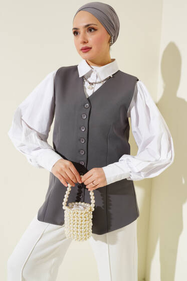 Mini Düğmeli Uzun Yelek Füme - Yelek