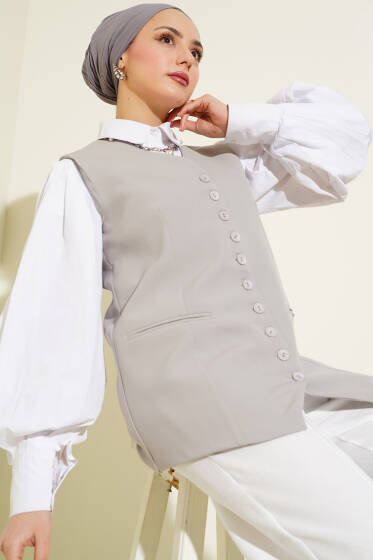 Mini Düğmeli Uzun Yelek Gri - Yelek