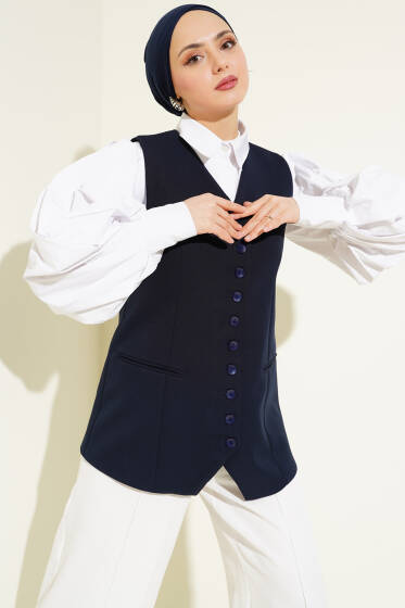 Mini Düğmeli Uzun Yelek Lacivert - Yelek