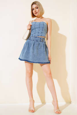 Mini Etekli Kot İkili Takım Mavi - Kadın Giyim Modelleri