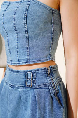 Mini Etekli Kot İkili Takım Mavi - Kadın Giyim Modelleri