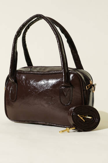 Mini Fermuarlı Rugan El Çantası Acı Kahve - Kol Çantası