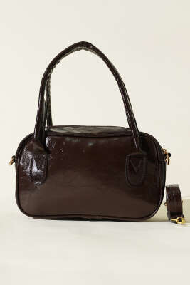 Mini Fermuarlı Rugan El Çantası Acı Kahve - Kol Çantası